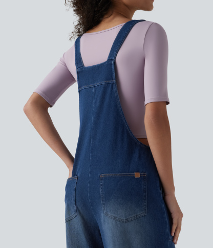 Square Neck Washed Denim Casual Overalls with Pockets