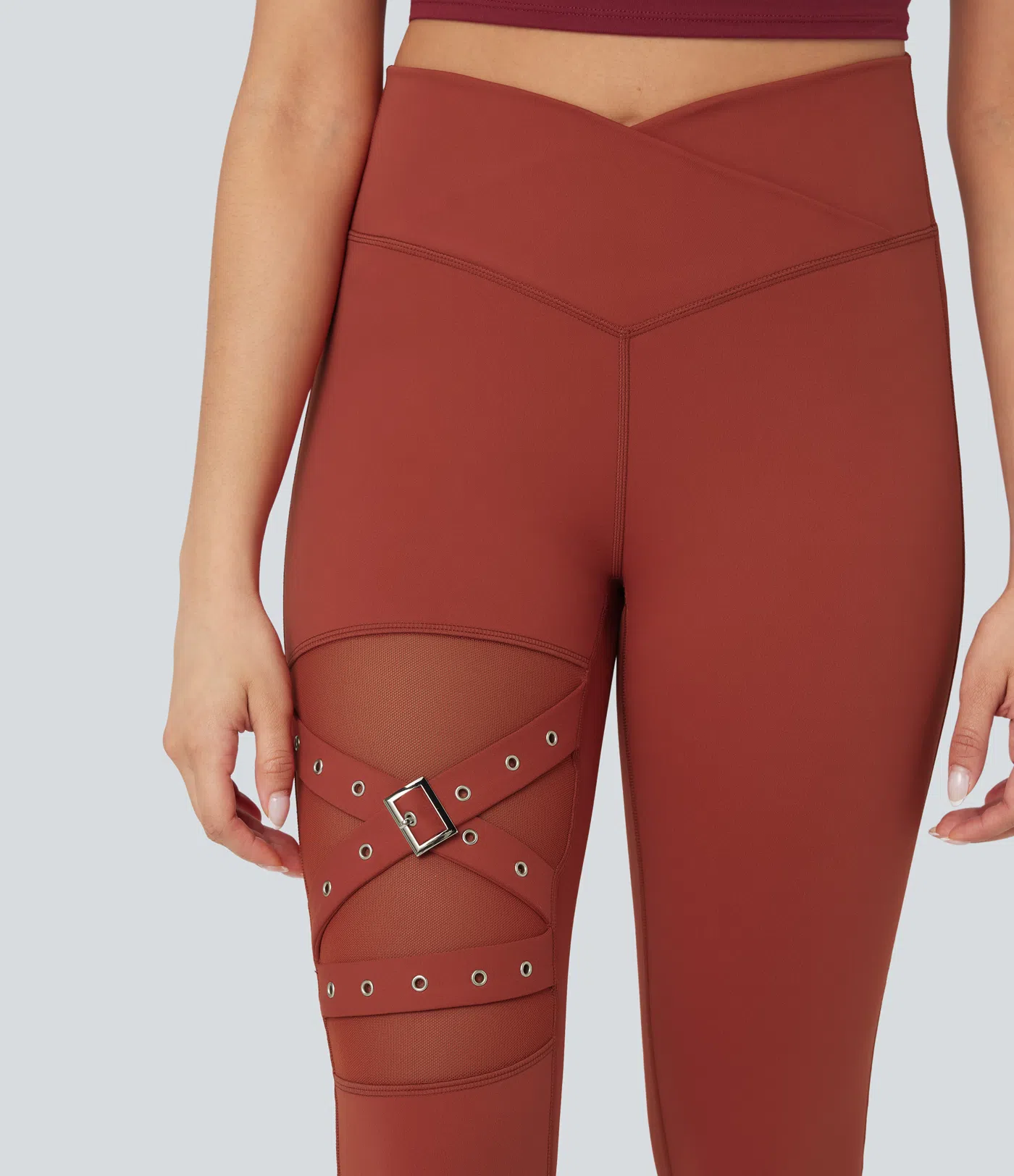DayStretch High Waisted Crossover Contrast Mesh Decorative Buckle Yoga Leggings