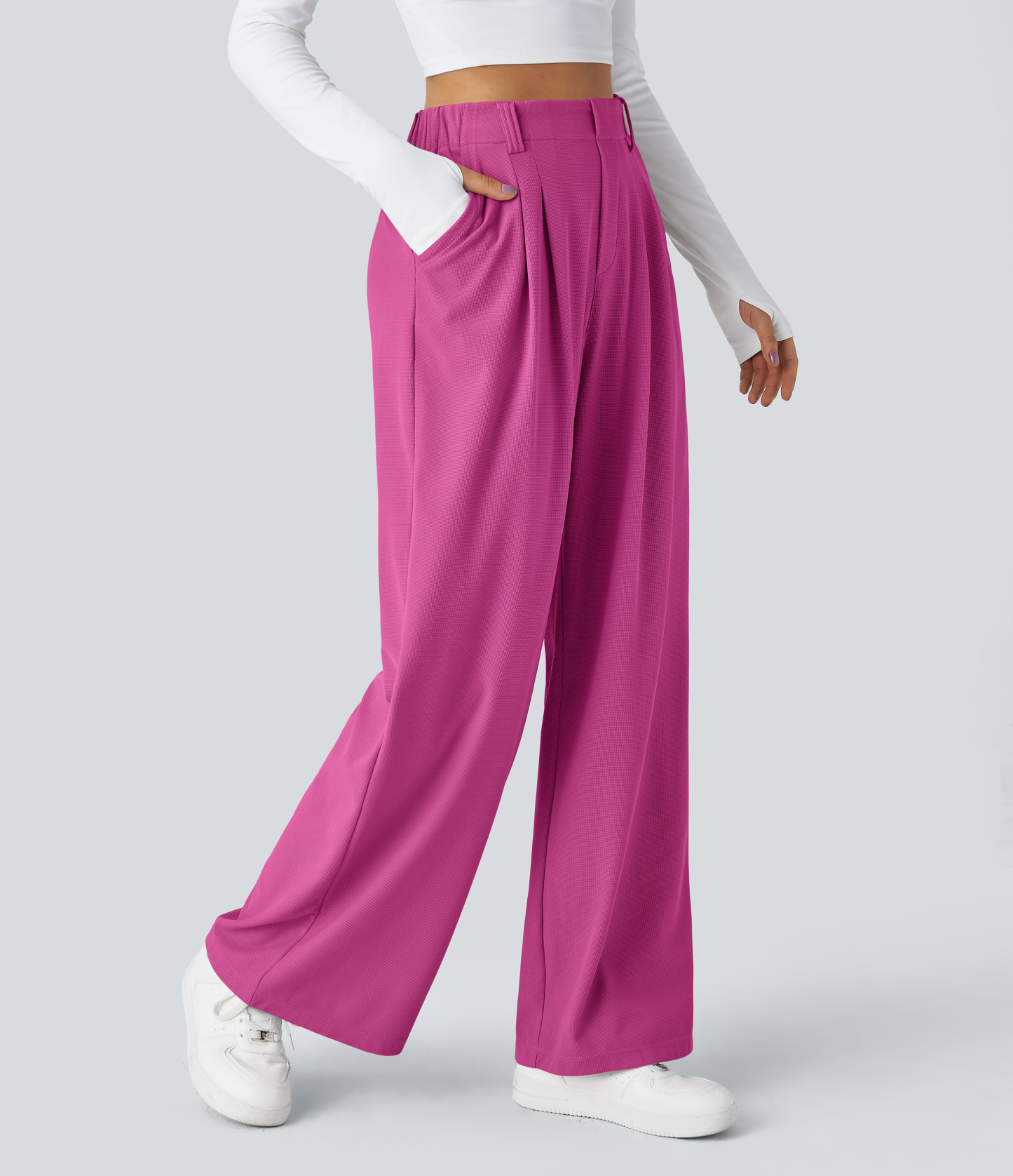 High Waisted Pocket Wide Leg Waffle Work Pants