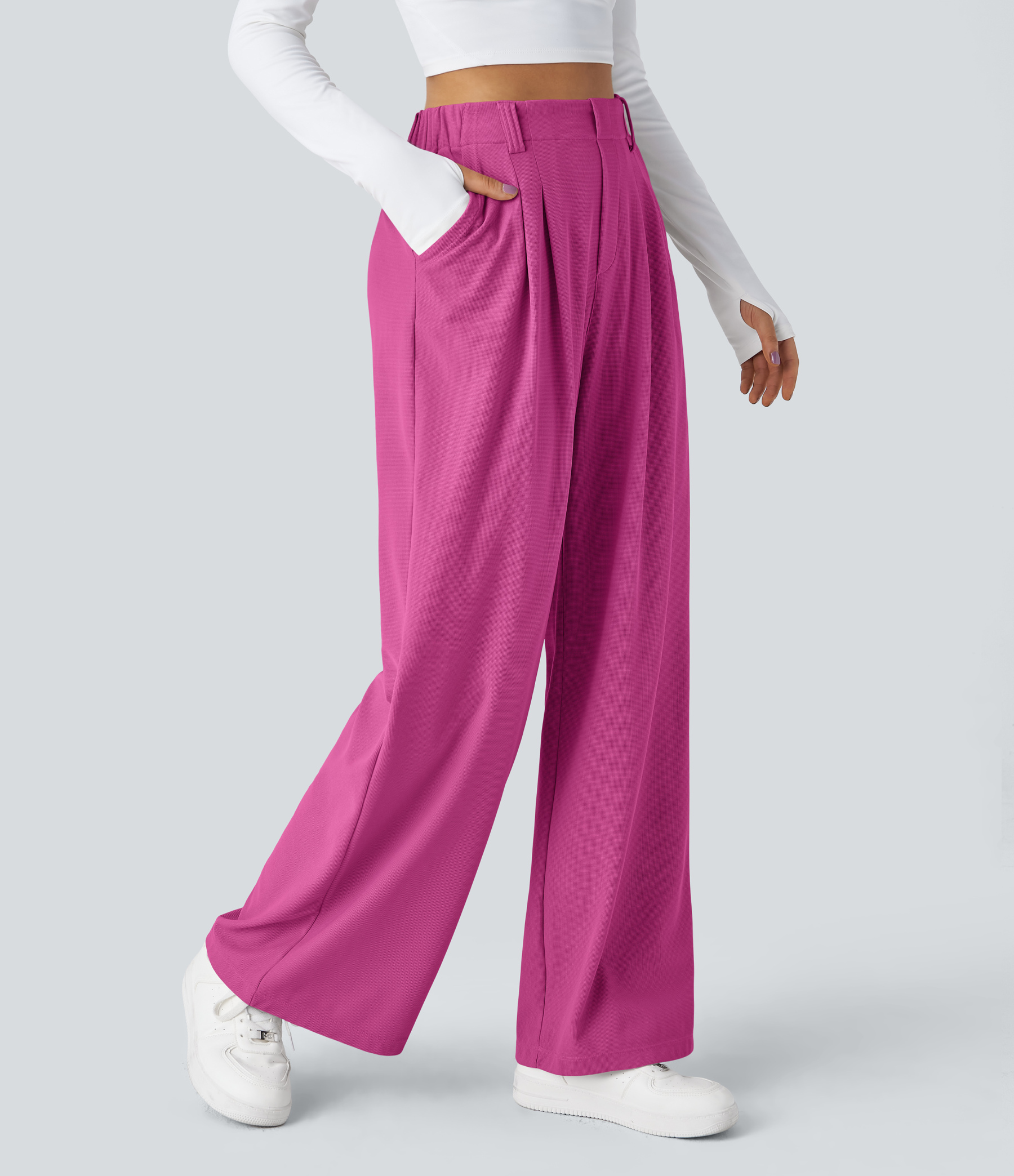 High Waisted Pocket Wide Leg Waffle Work Pants