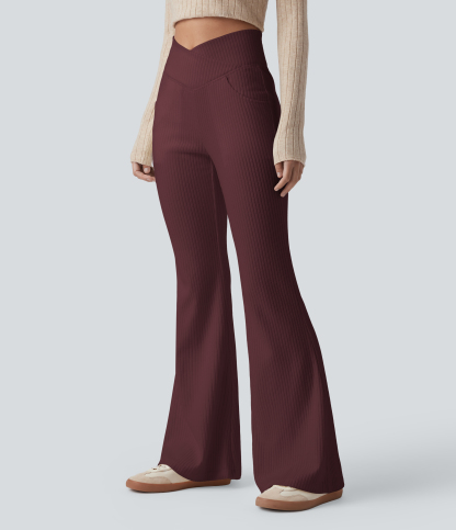 Ribbed Knit Crossover High Waisted Pocket Casual Flare Pants