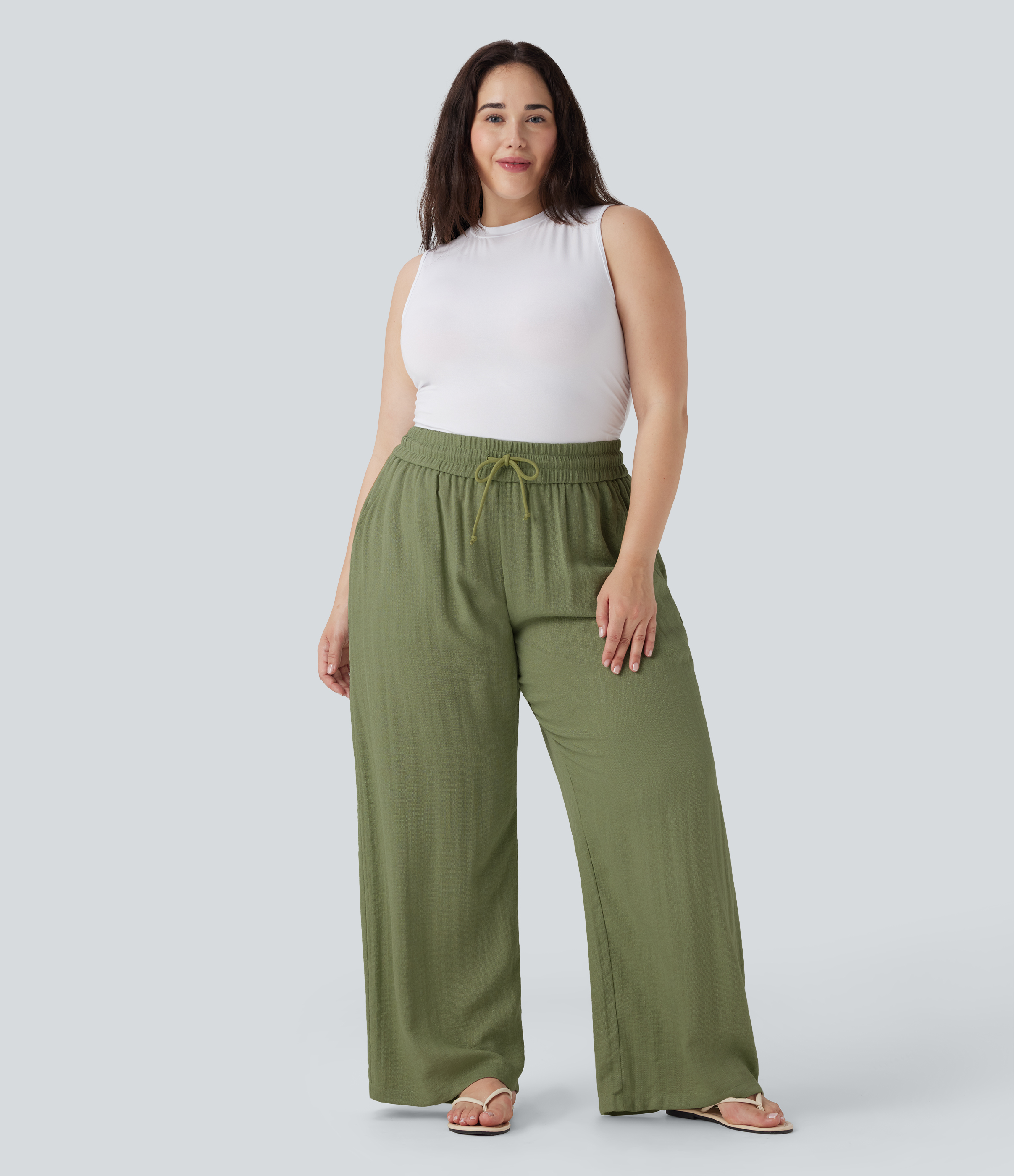 High Waisted Drawstring Linen-Feel Wide Leg Casual Plus Size Pants with Pockets