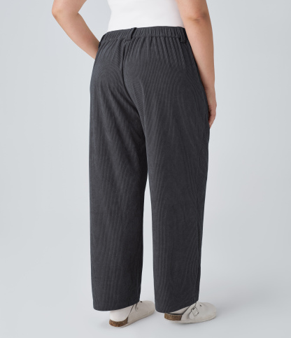 Mid Rise Zipper Pocket Plus Size Corduroy Casual Pants