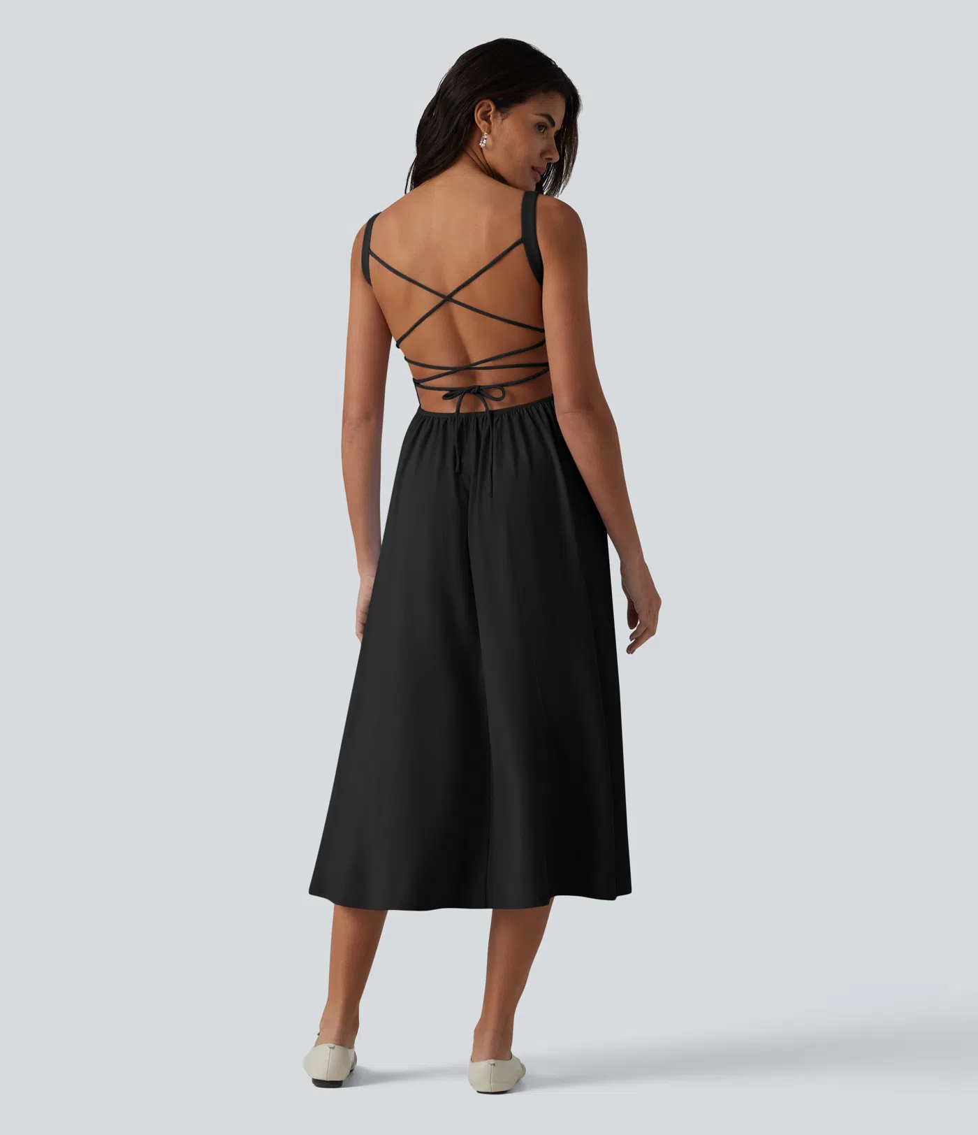 Crisscross Backless Square Neck Sleeveless Ruched Built-in Bra Midi Resort Flowy Dress