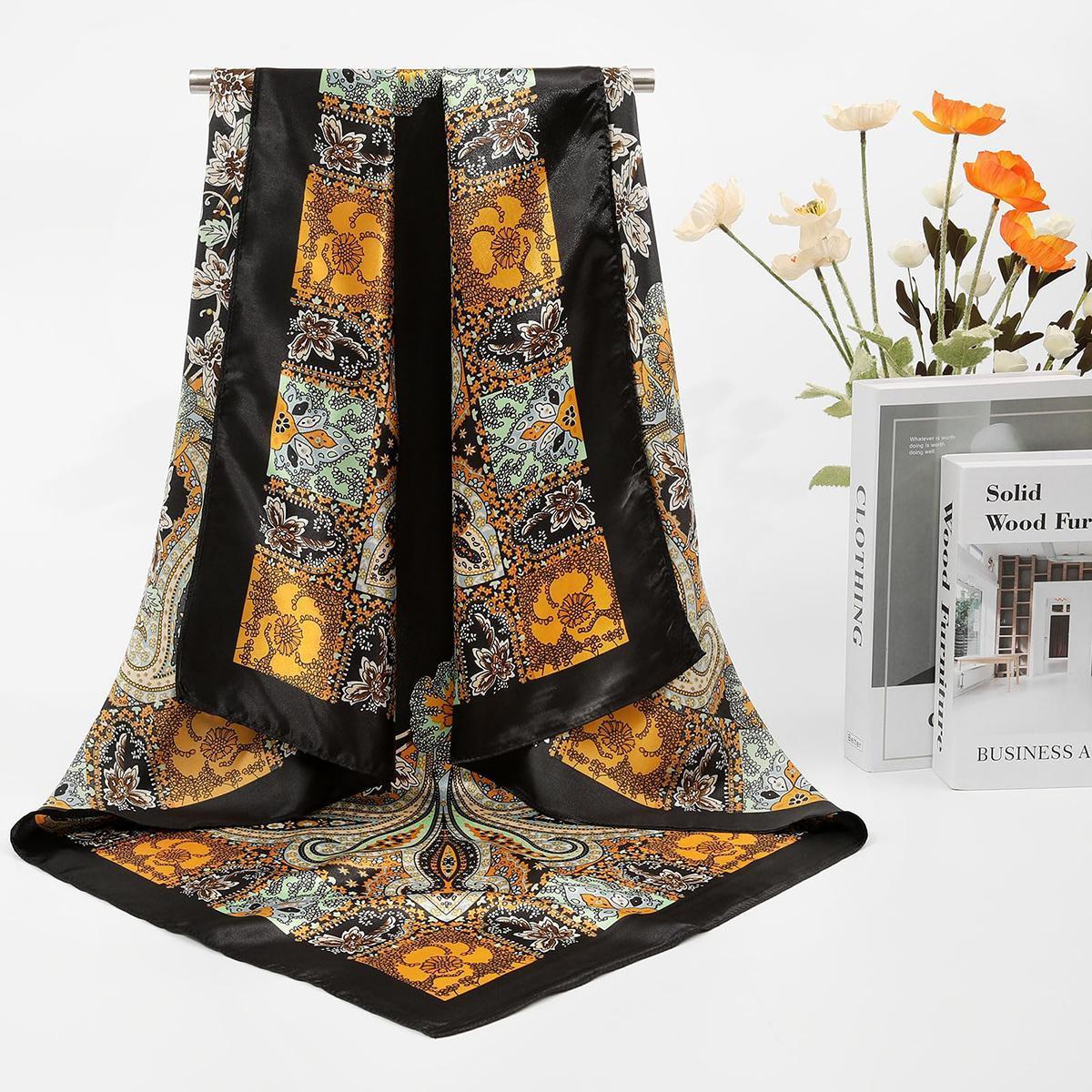 AWAYTR 4 Pack Shawl Scarf Set for Women, 35" Large Square Silk-Like Satin Head Wrap, Allover Print Fashion Neck Shawl Accessories for Women, Floral Print Scarf, Decorative Scarf