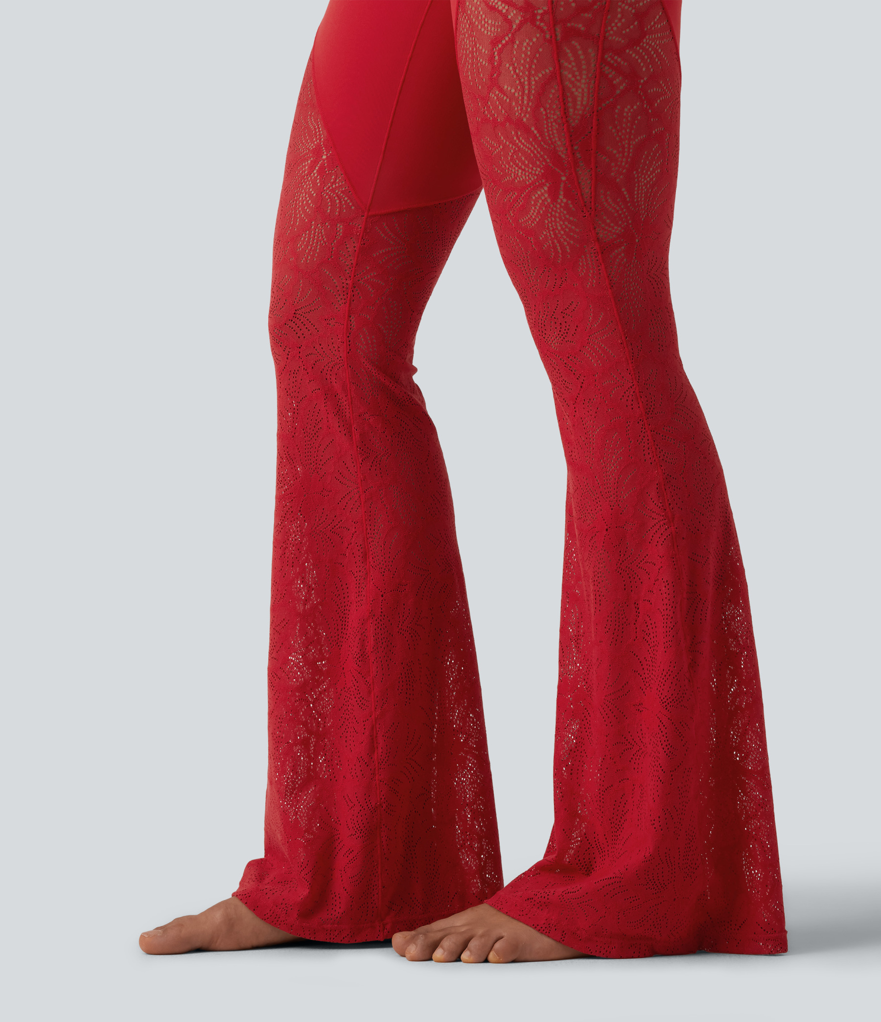 High Waisted Tummy Control Contrast Lace Yoga Flare Leggings with Pocket