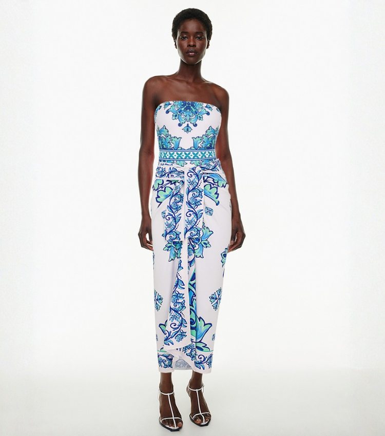 Off Shoulder Majolica Print One Piece Swimsuit and Sarong or Pants