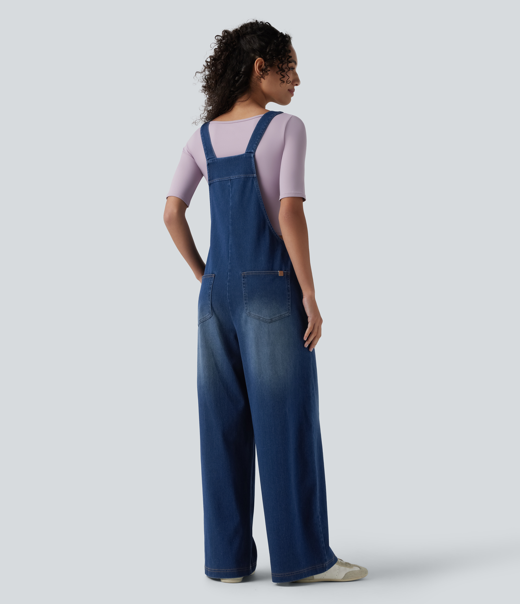 Square Neck Washed Denim Casual Overalls with Pockets