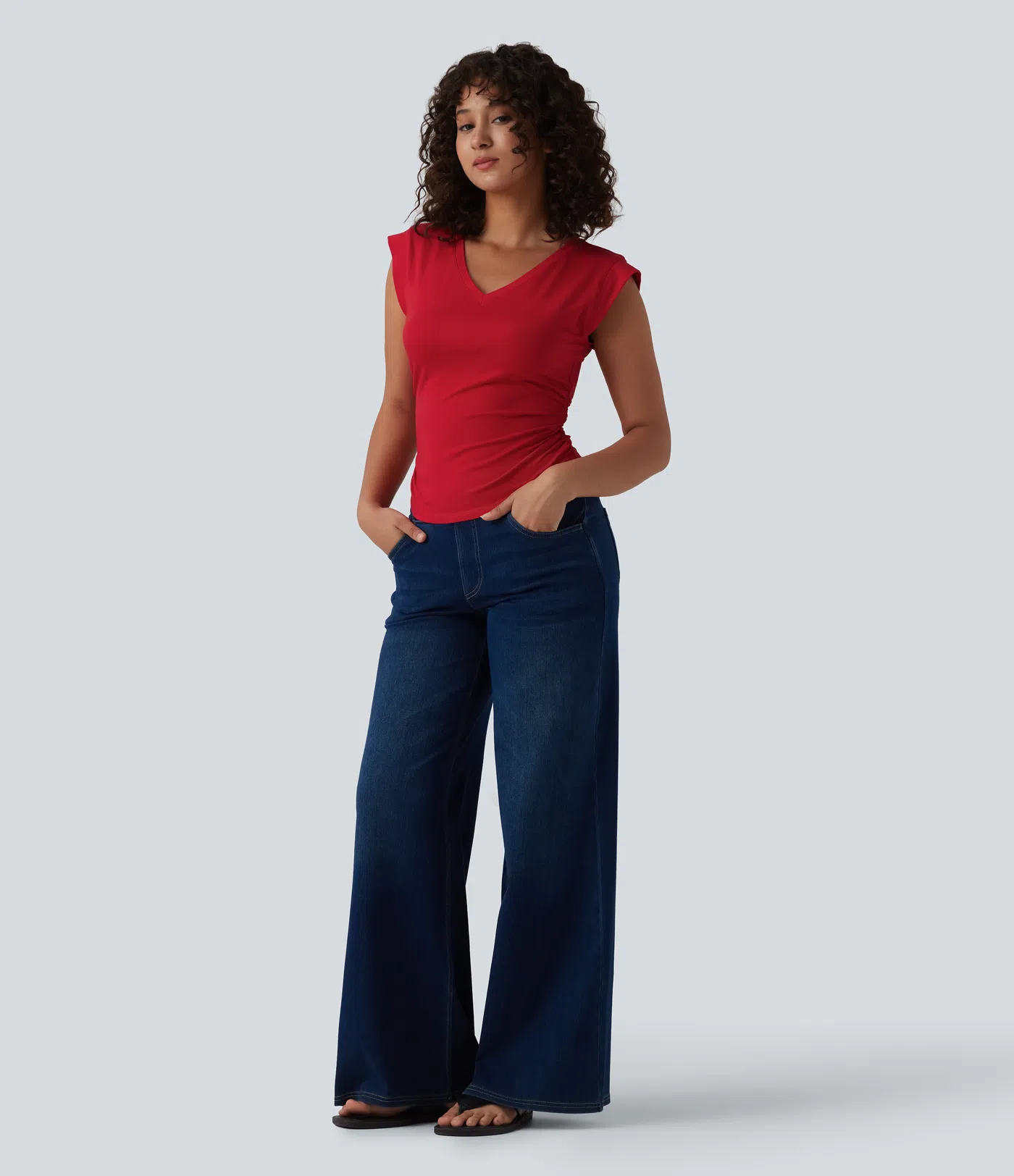 V-Neck Short-Sleeve Curved Hem Pleated Casual Tee