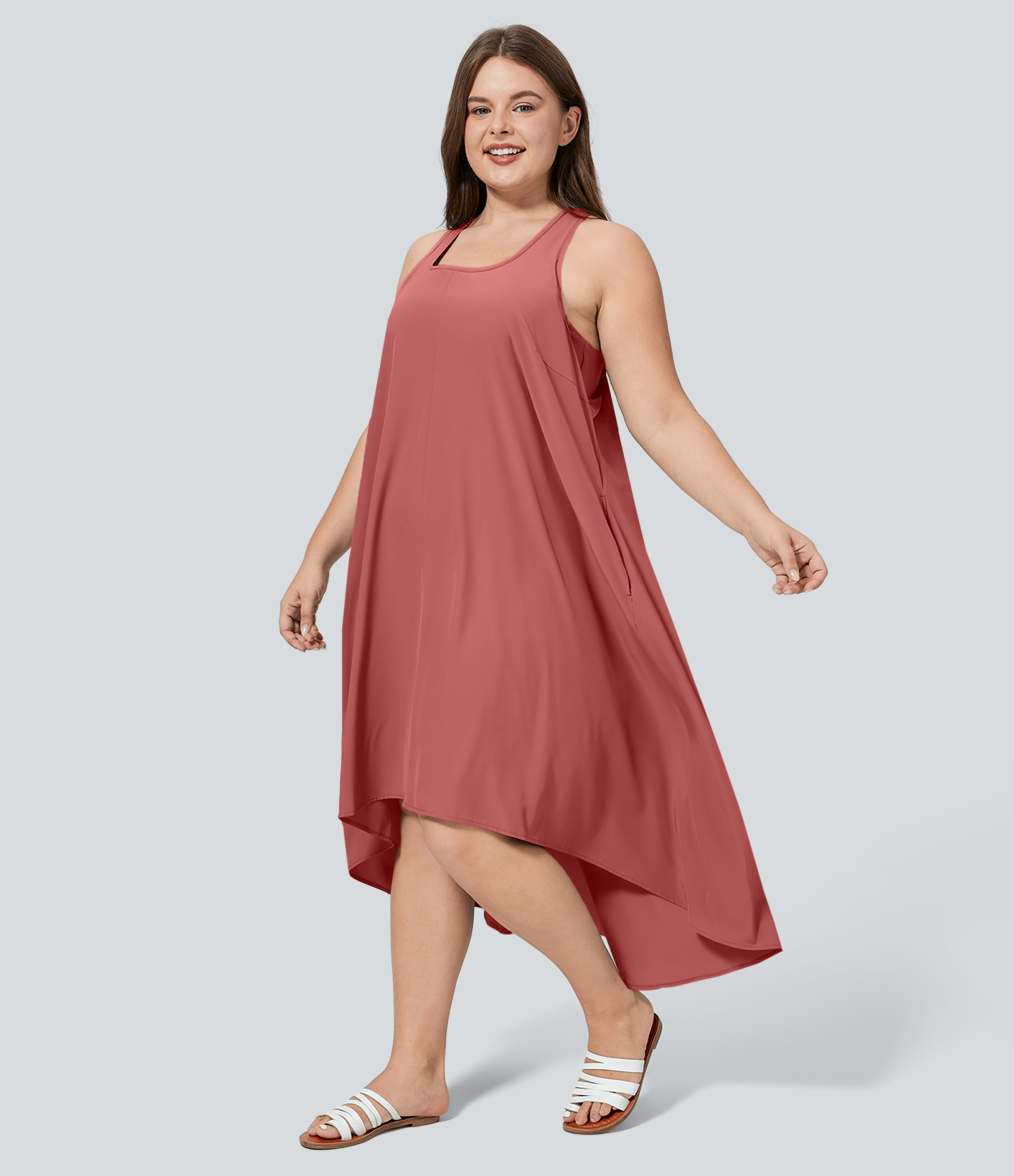 RacerPocket High Low Flowy Midi Quick Dry Casual Plus Size Dress