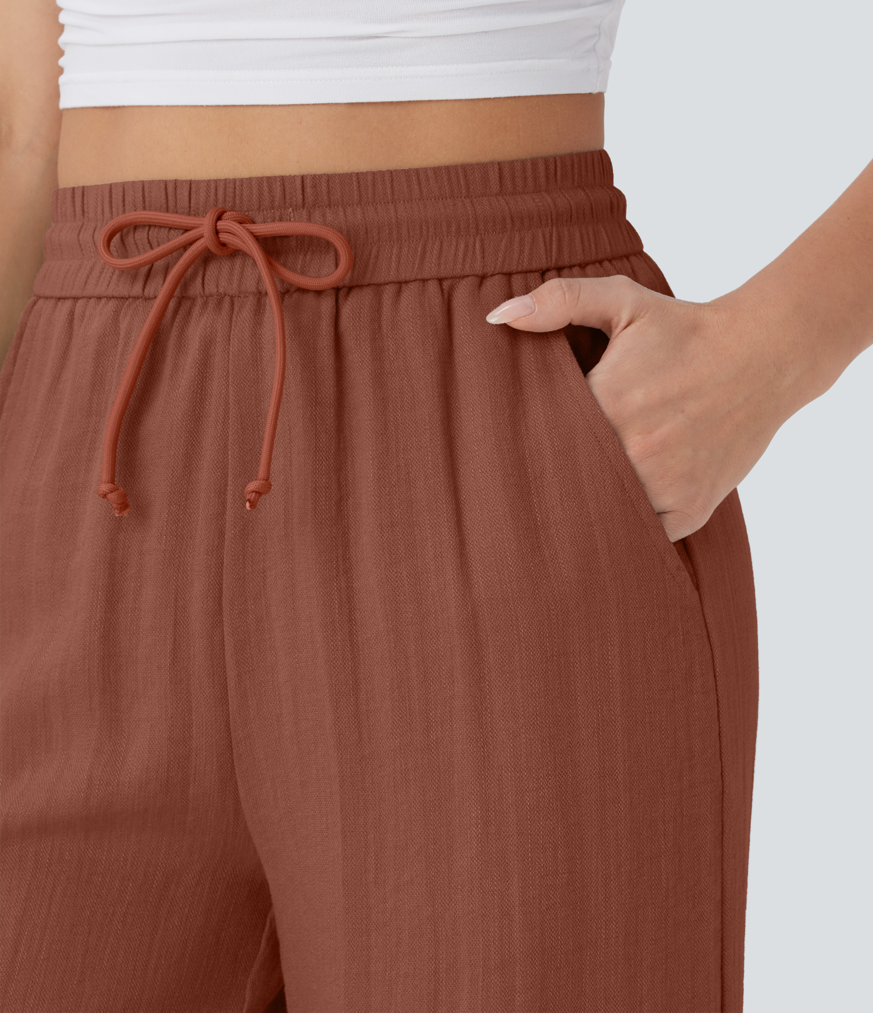 High Waisted Drawstring Pocket Wide Leg Casual Linen-Feel Pants