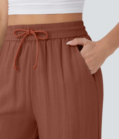 High Waisted Drawstring Pocket Wide Leg Casual Linen-Feel Pants