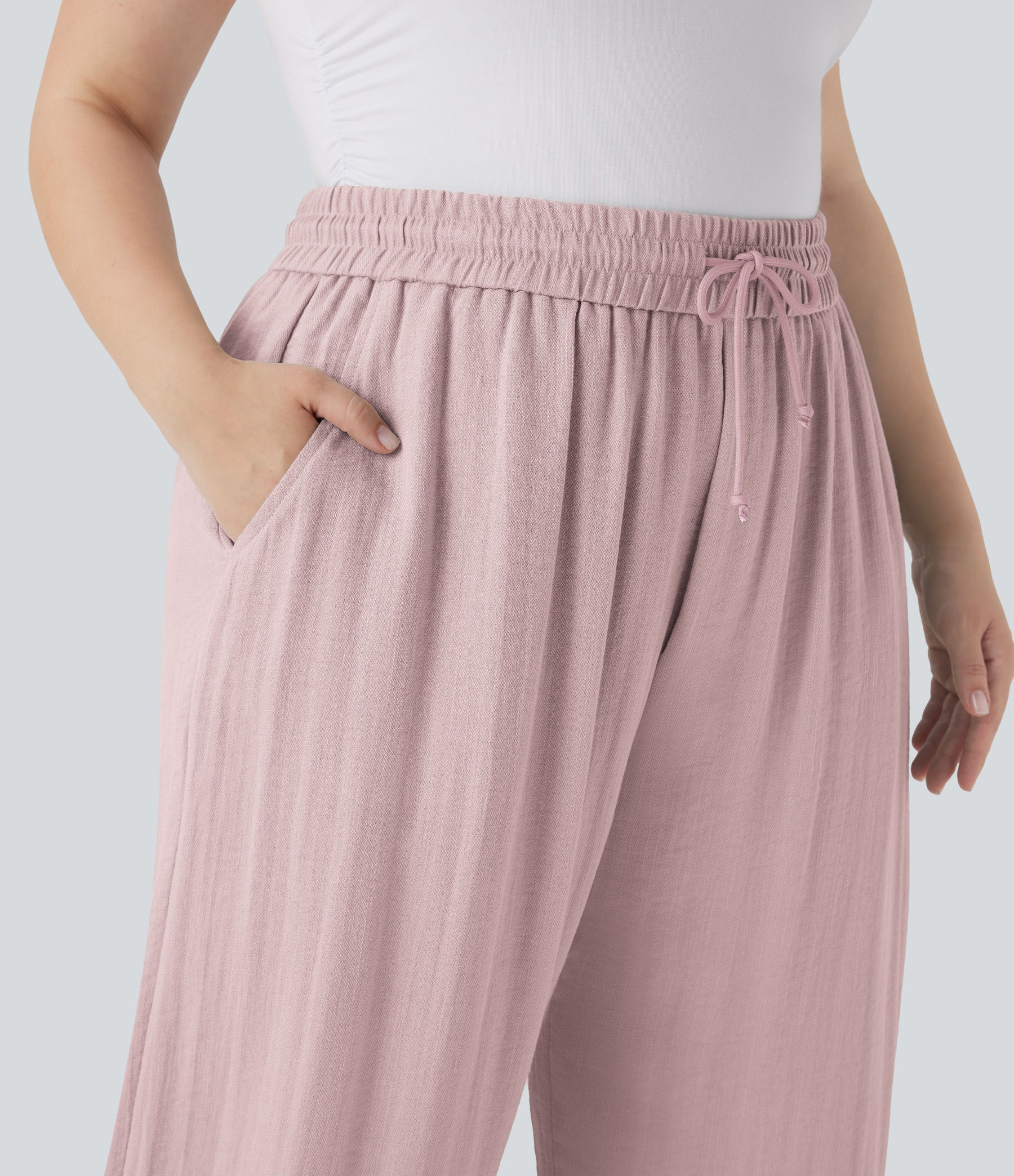High Waisted Drawstring Linen-Feel Wide Leg Casual Plus Size Pants with Pockets