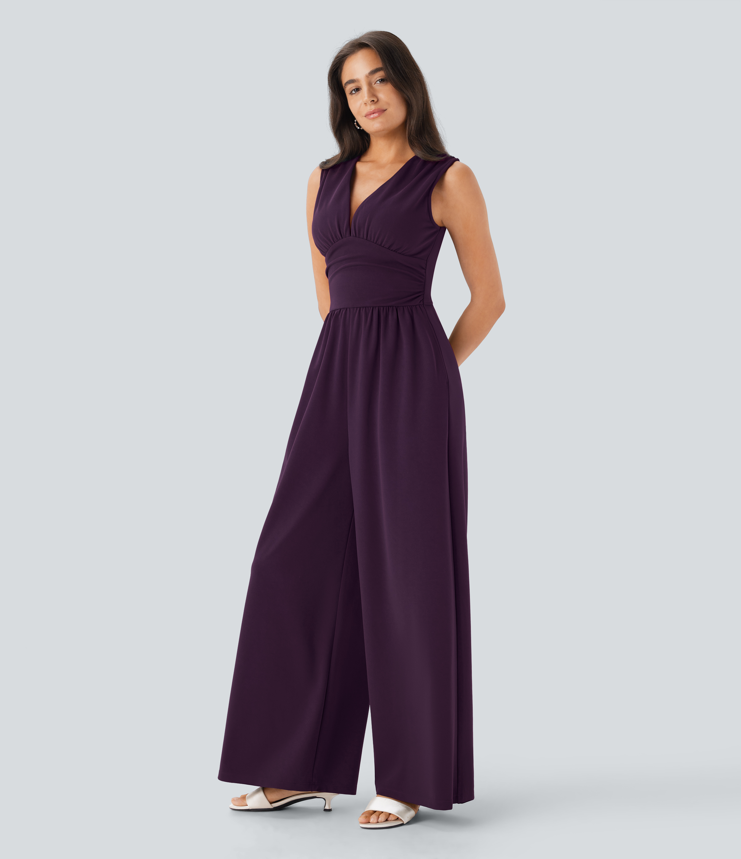 V Neck Sleeveless Ruched Pocket Jumpsuit-Easy Peezy