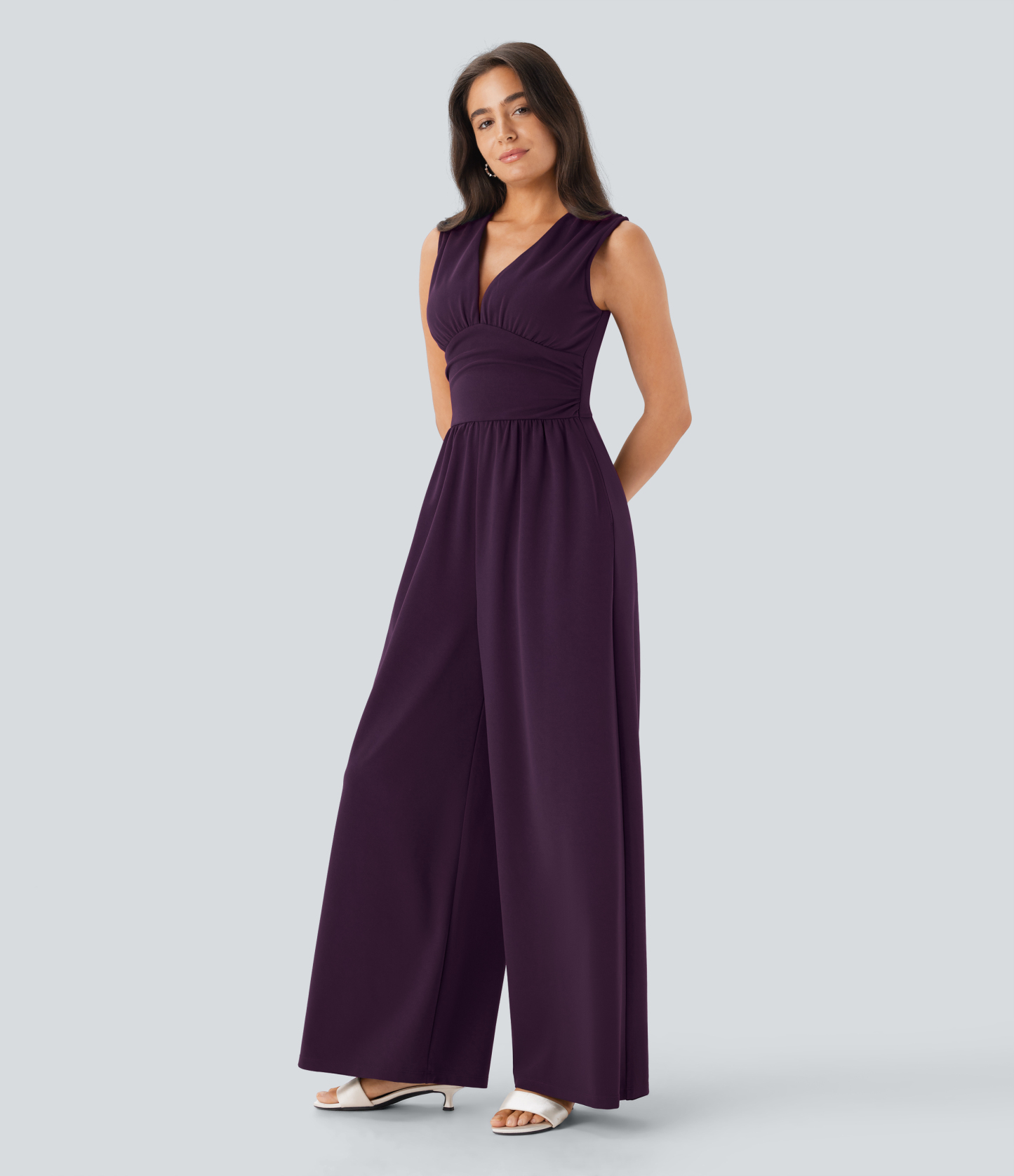V Neck Sleeveless Ruched Pocket Jumpsuit-Easy Peezy