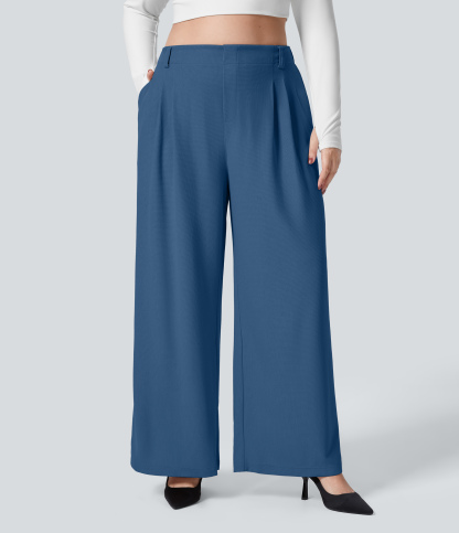High Waisted Pocket Wide Leg Waffle Work Plus Size Pants
