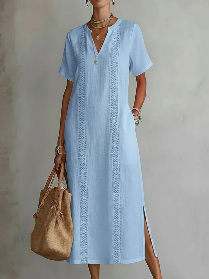 Retro Cozy Lace V-neck Loose Linen Dress
