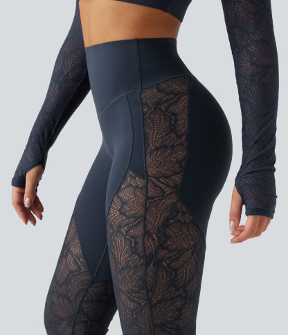 High Waisted Tummy Control Contrast Lace Yoga Flare Leggings with Pocket