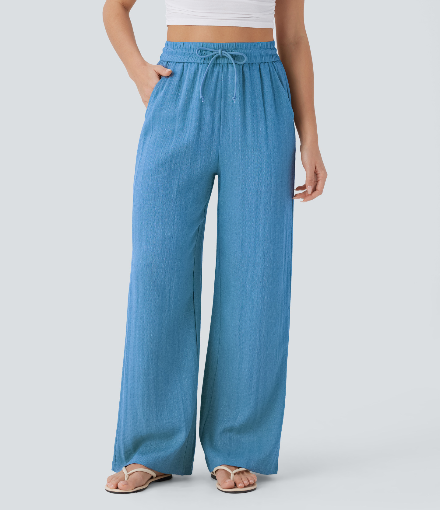High Waisted Drawstring Pocket Wide Leg Casual Linen-Feel Pants