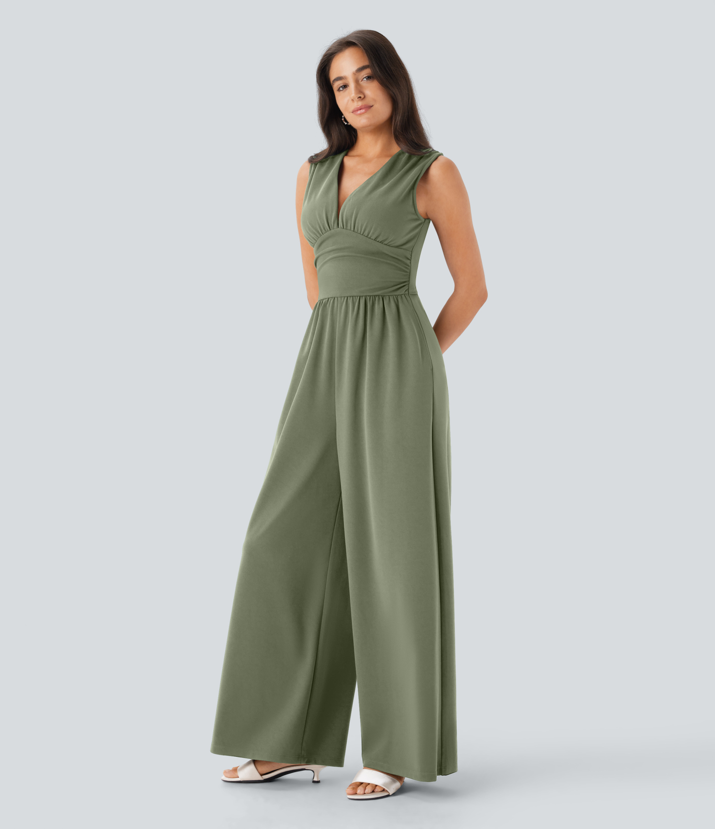 V Neck Sleeveless Ruched Pocket Jumpsuit-Easy Peezy