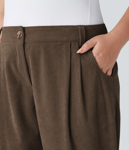 Mid Rise Zipper Pocket Plus Size Corduroy Casual Pants