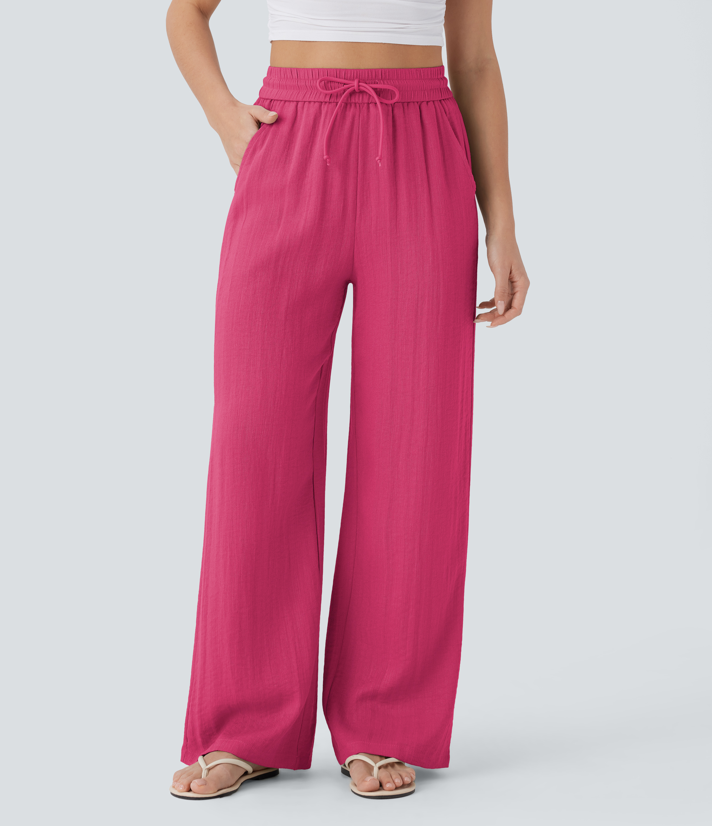 High Waisted Drawstring Pocket Wide Leg Casual Linen-Feel Pants