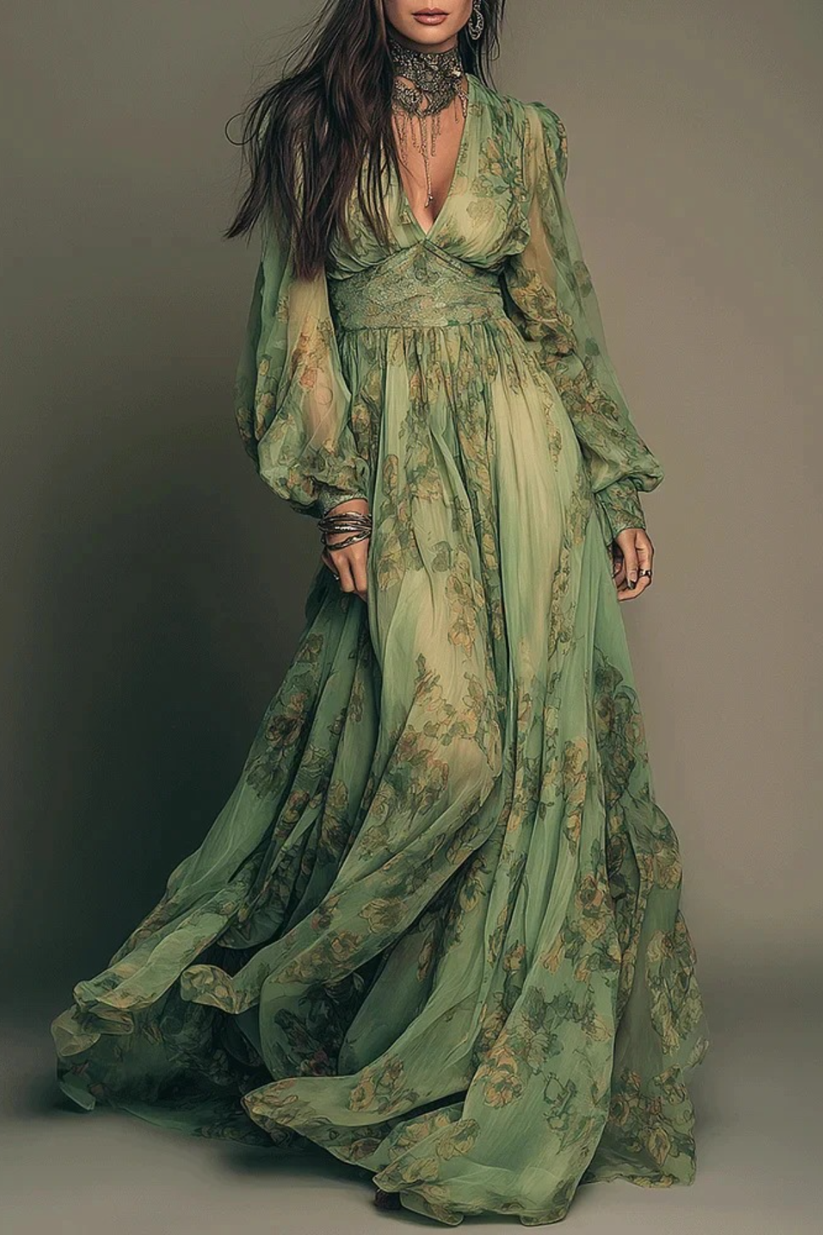 Floral Print Lantern Sleeve Chiffon Maxi Dress