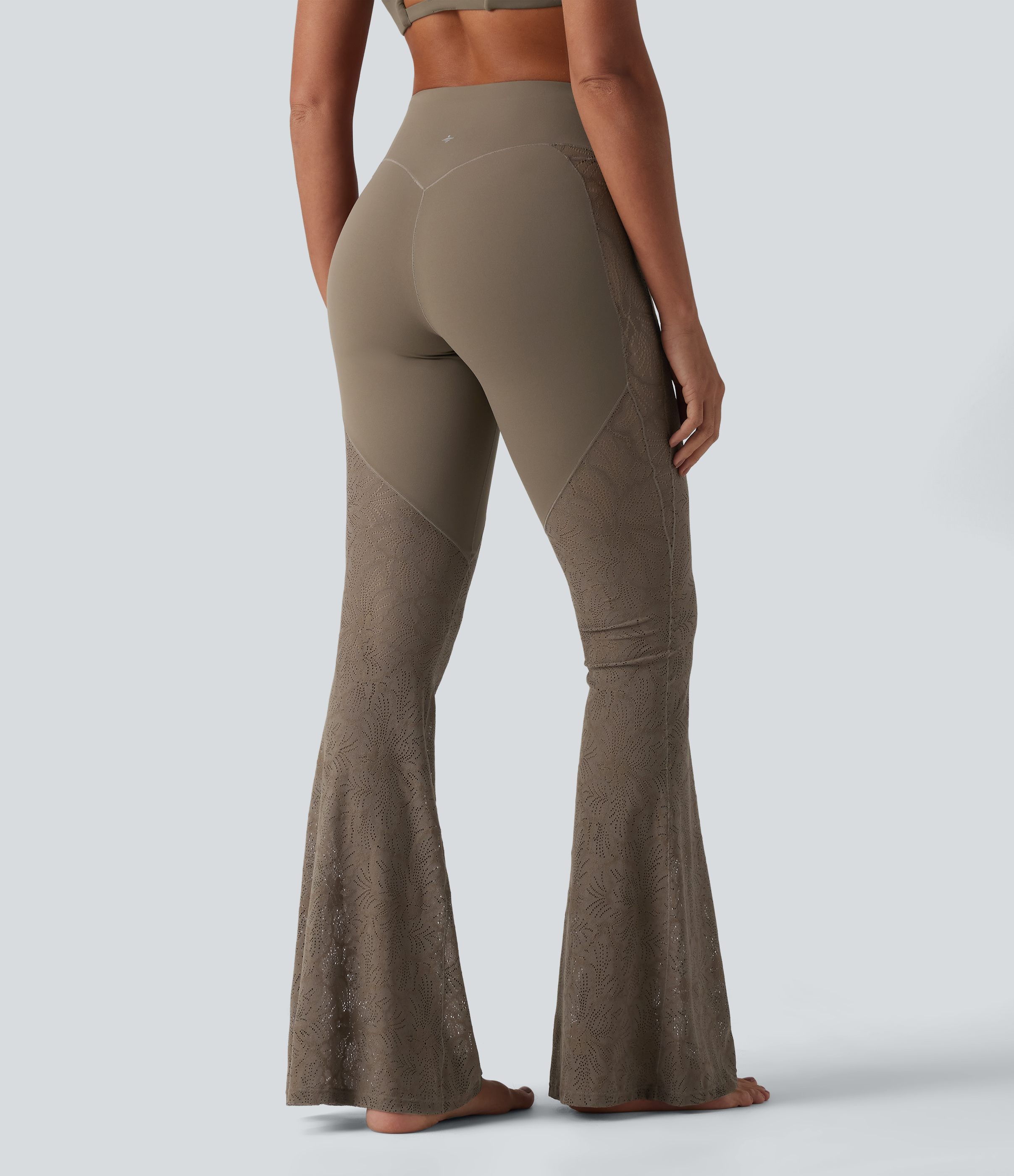 High Waisted Tummy Control Contrast Lace Yoga Flare Leggings with Pocket