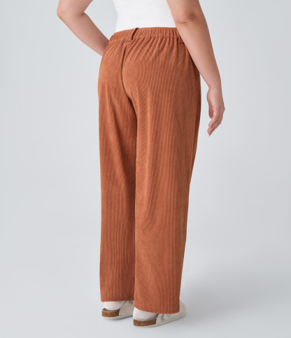 Mid Rise Zipper Pocket Plus Size Corduroy Casual Pants