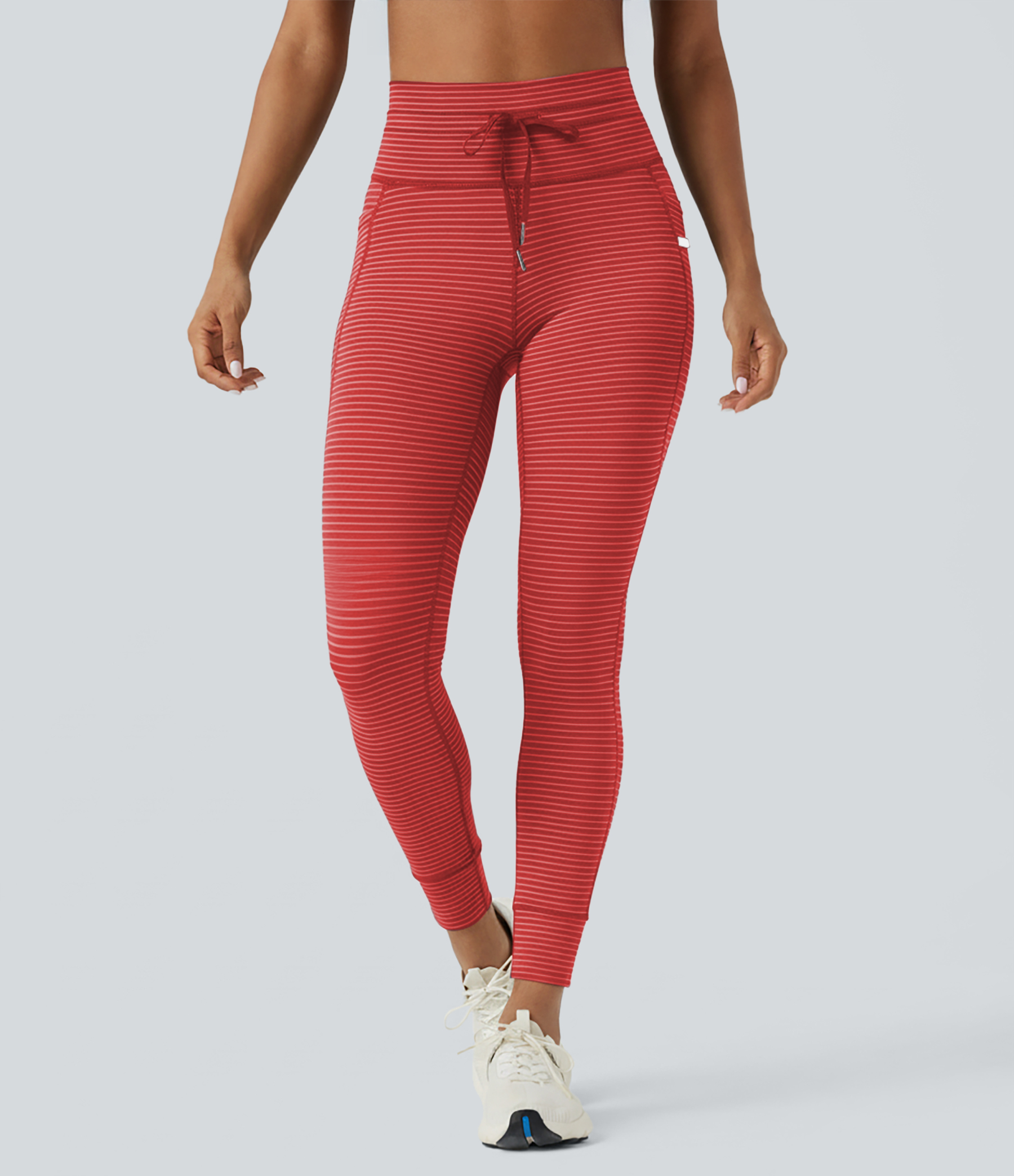 High Waisted Drawstring Striped Yoga Leggings with Pockets