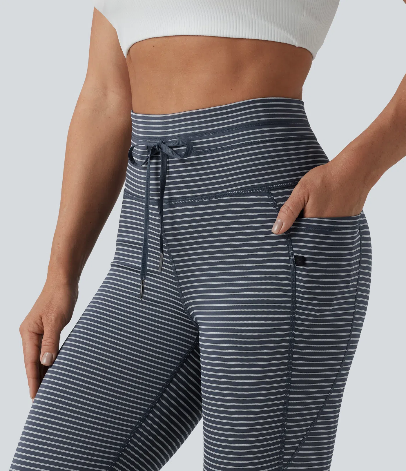 High Waisted Drawstring Striped Yoga Leggings with Pockets