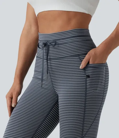 High Waisted Drawstring Striped Yoga Leggings with Pockets