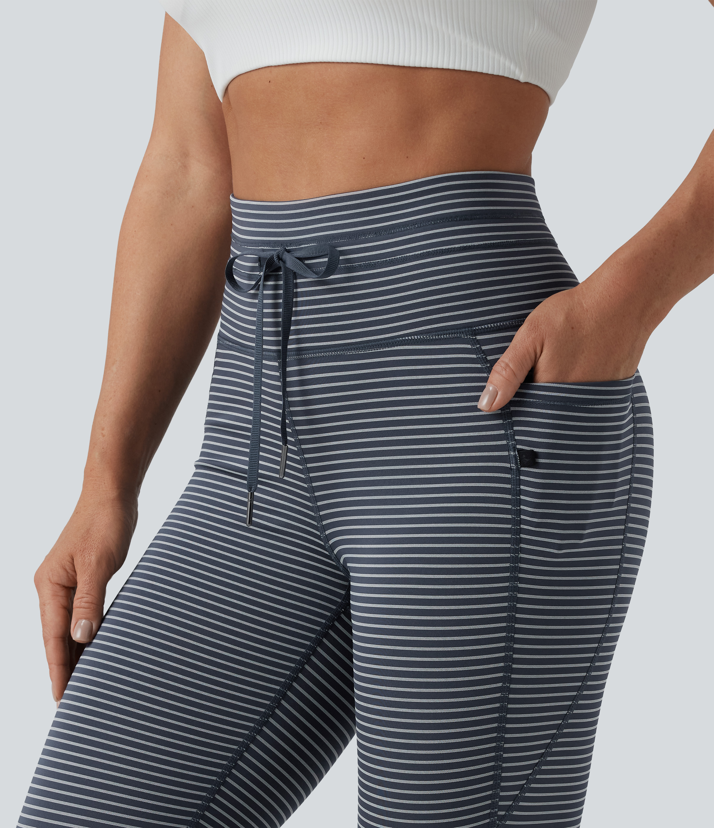 High Waisted Drawstring Striped Yoga Leggings with Pockets