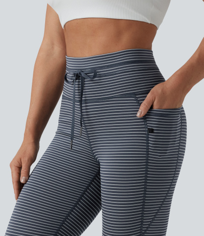 High Waisted Drawstring Striped Yoga Leggings with Pockets