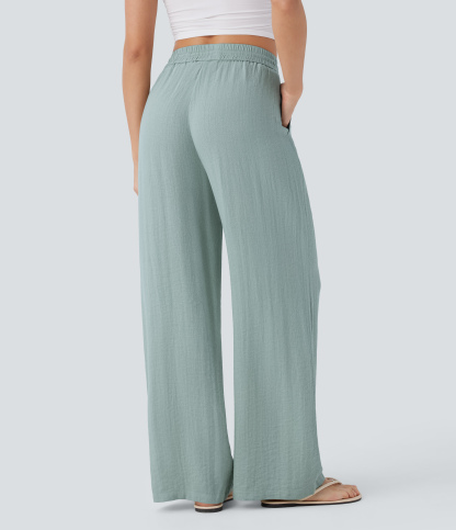 High Waisted Drawstring Pocket Wide Leg Casual Linen-Feel Pants