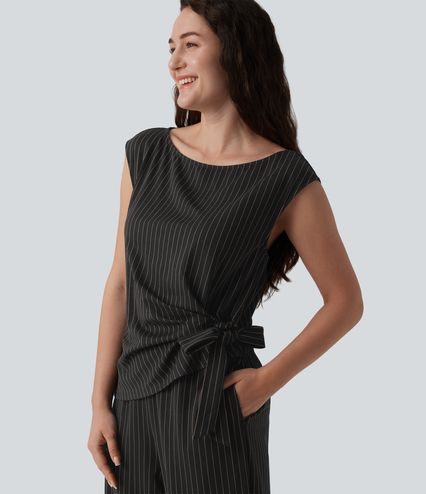 Boat Neck Sleeveless Tie Side Cool Touch Stripe Work Jumpsuit with Pockets-Easy Peezy Edition