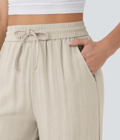 High Waisted Drawstring Pocket Wide Leg Casual Linen-Feel Pants