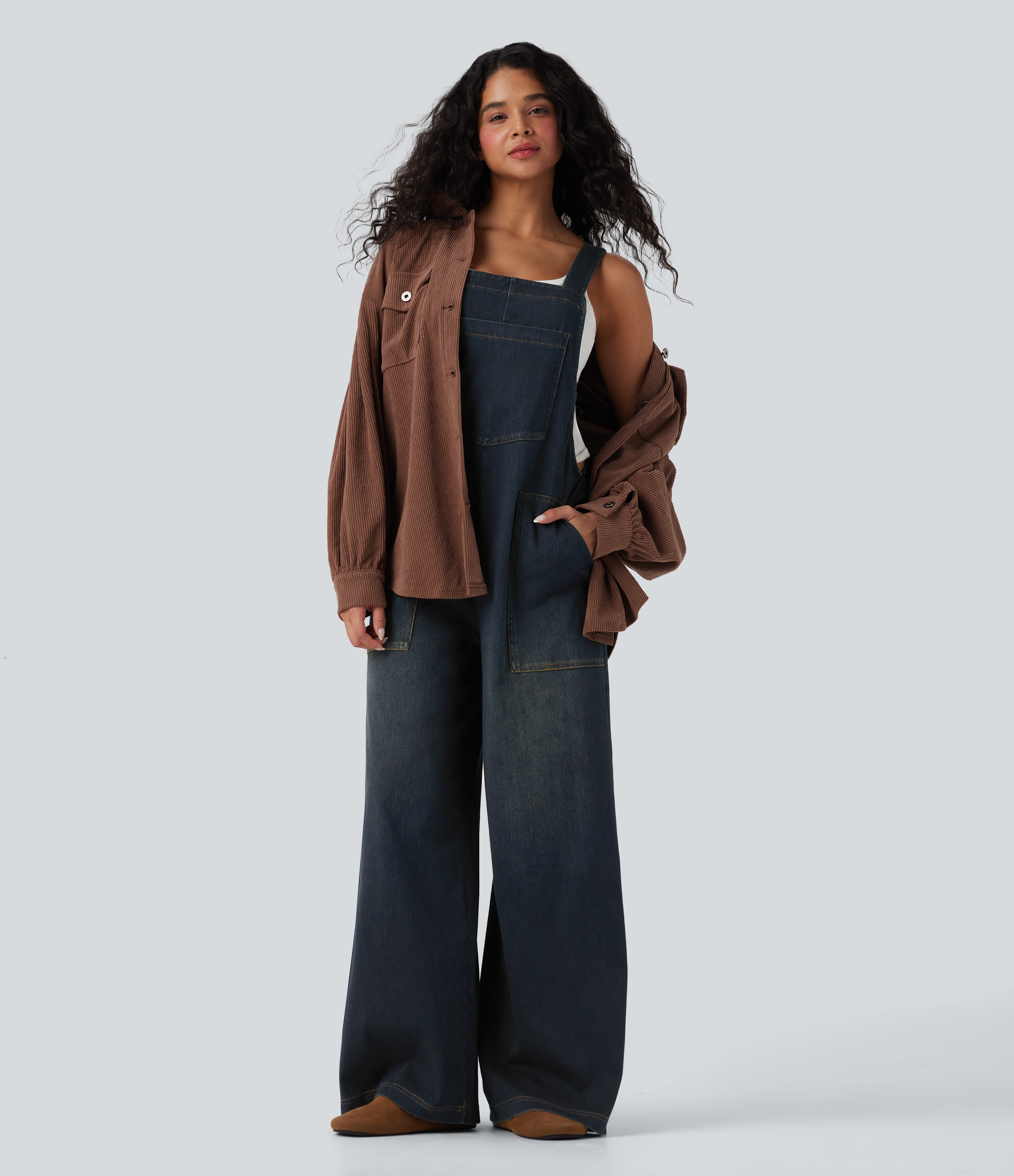 Square Neck Washed Denim Casual Overalls with Pockets