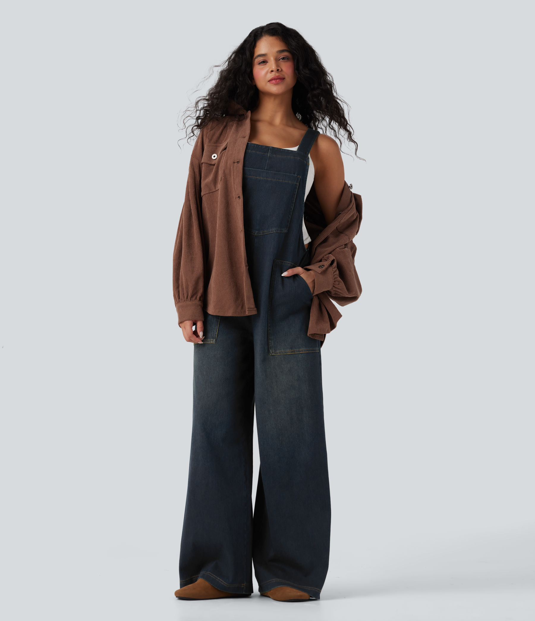 Square Neck Washed Denim Casual Overalls with Pockets