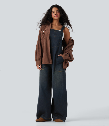 Square Neck Washed Denim Casual Overalls with Pockets