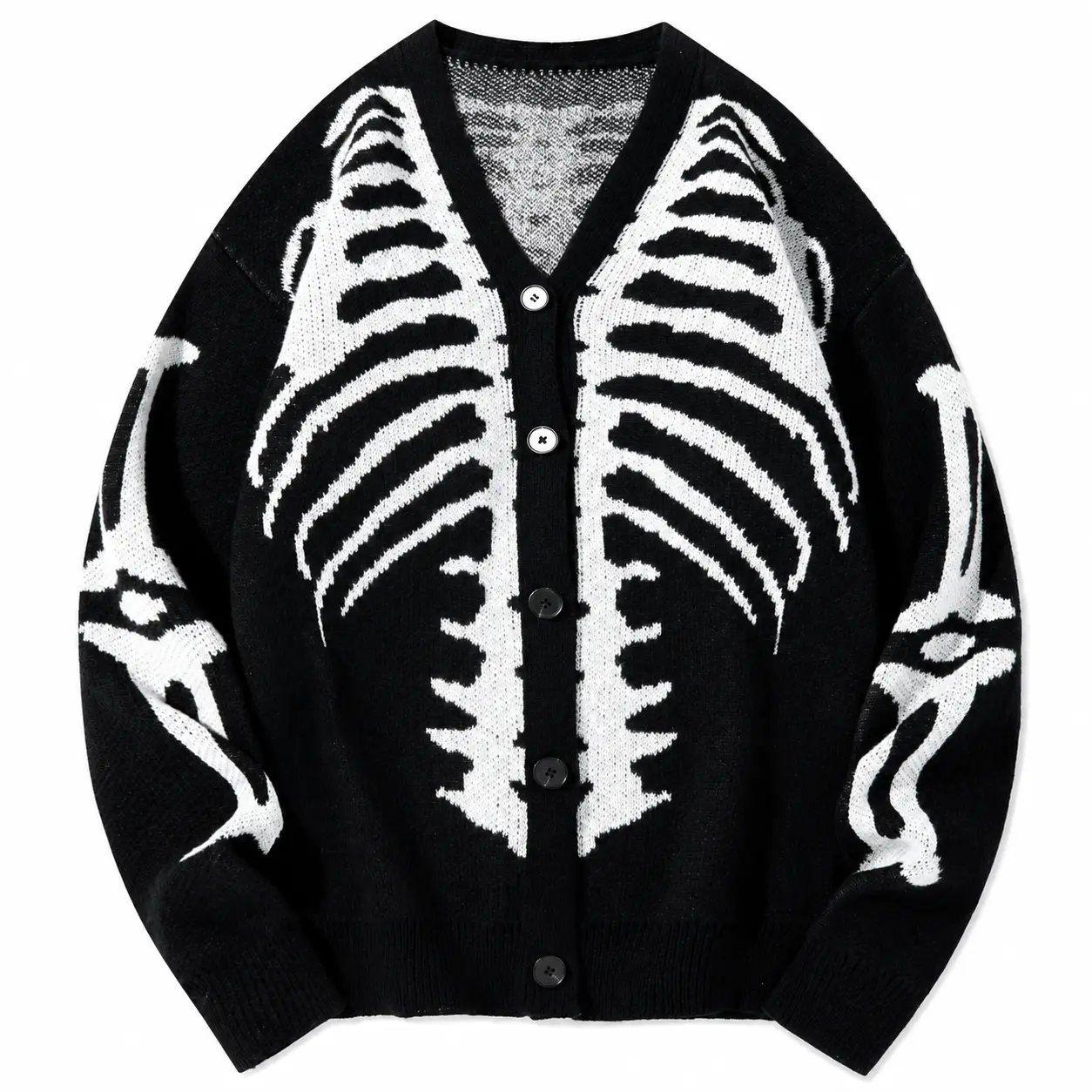 Skeleton Print Knit Cardigan V-Neck Drop-Shoulder Sweater for Casual Wear
