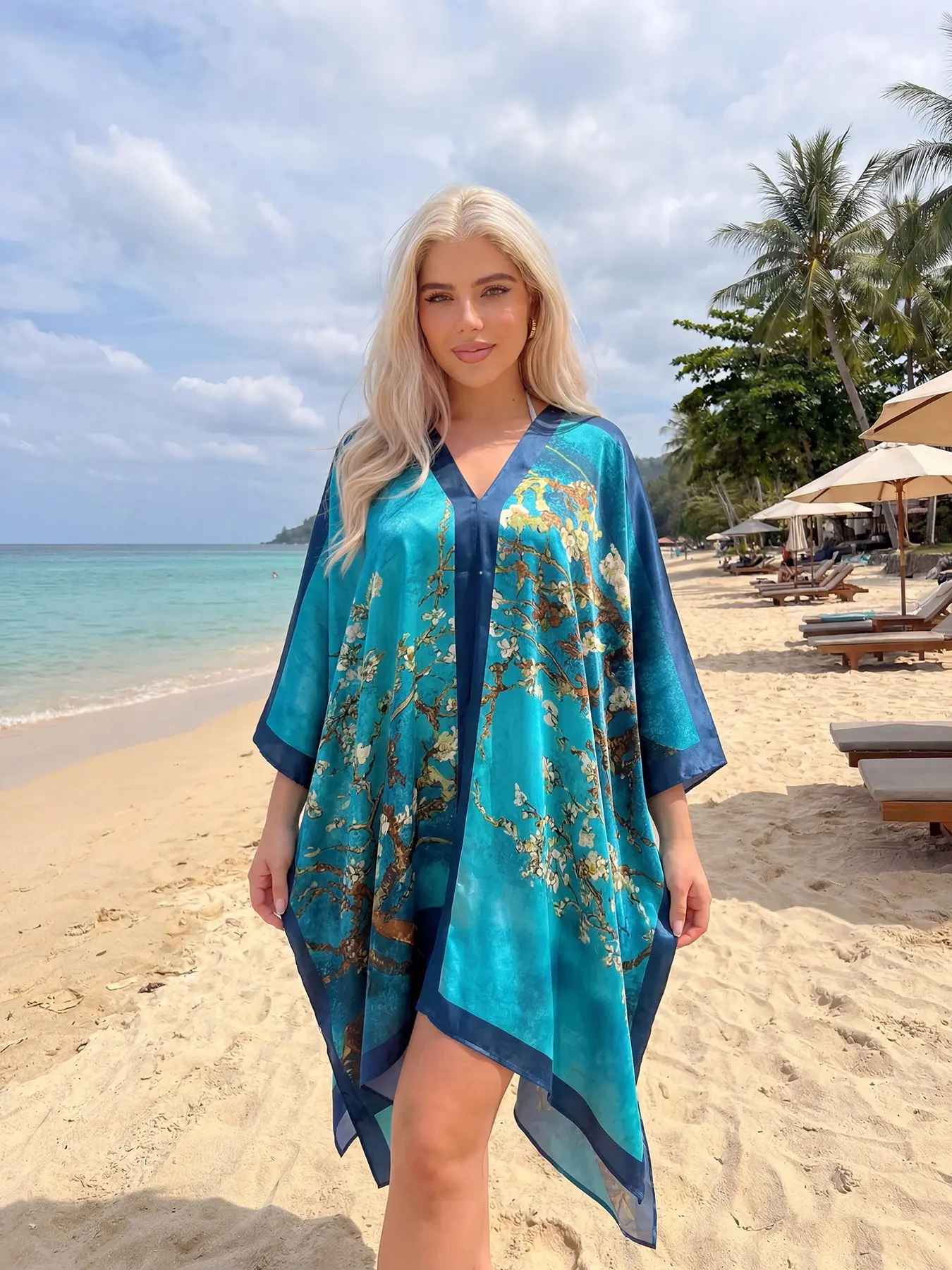 Women's Large V-Neck Shawl, Beach Cover-Up, Beach Coverups, V Neck Coverup, Loose Fit, Breathable, Eye-Catching Print, Perfect for Vacation & Daily Wear