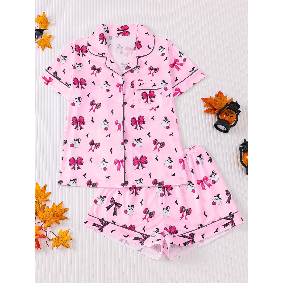 【Halloween】 Women's Halloween Cartoon Print Pajama Set, Cute Funny Sleepwear, Loungewear, 2-Piece Short Sleeve, Fitted, Above the Knee, All Seasons Gift, Top