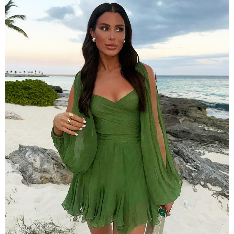 Netted Lantern Backless Ruffle Mini Dress