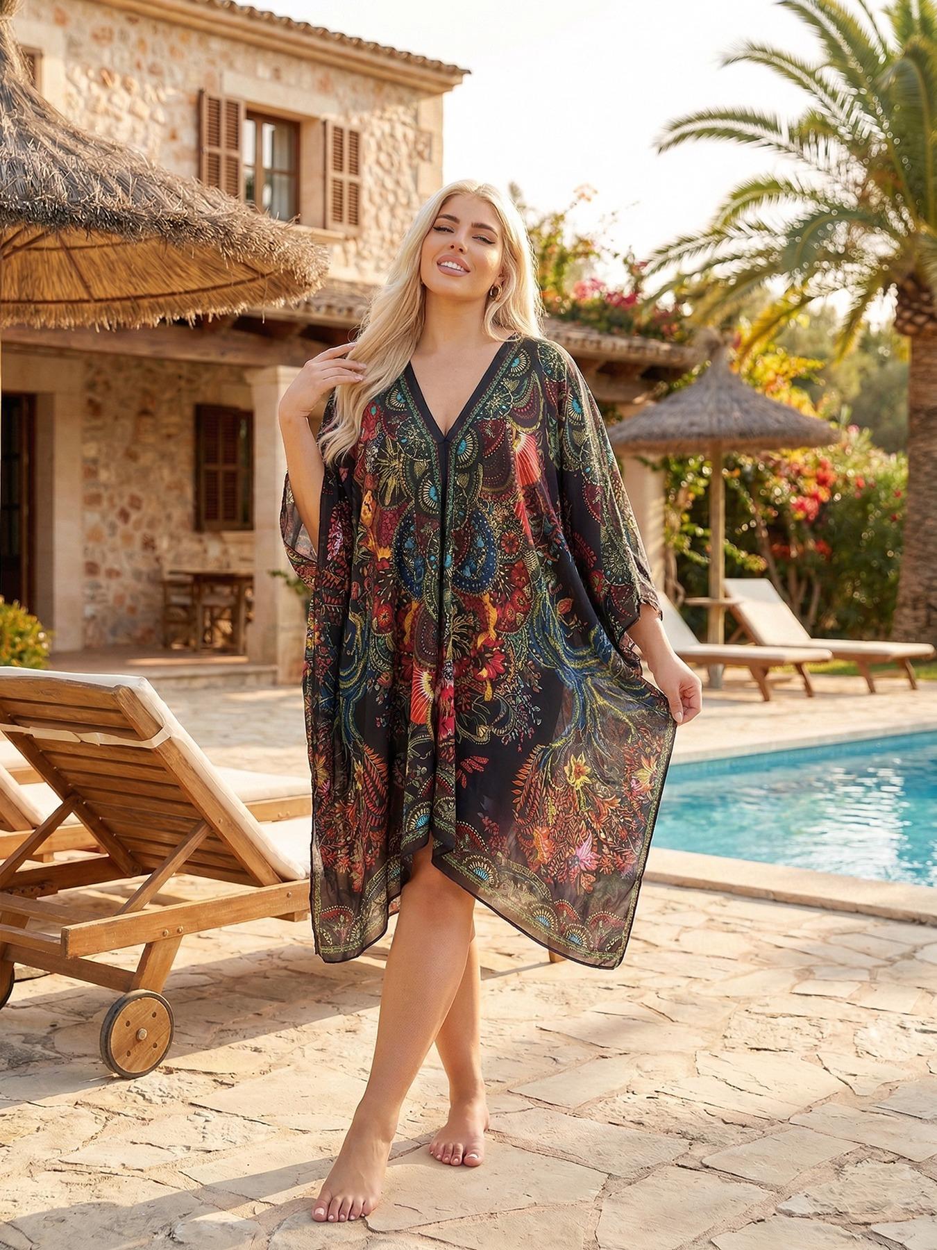 Women's Large V-Neck Shawl, Beach Cover-Up, Beach Coverups, V Neck Coverup, Loose Fit, Breathable, Eye-Catching Print, Perfect for Vacation & Daily Wear