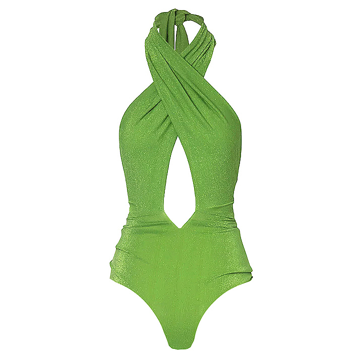 Shiny Texture Pleated Design One Piece Halter Swimsuit and Skirt