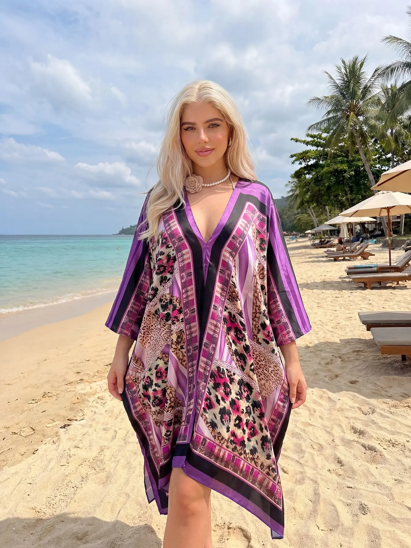 Women's Large V-Neck Shawl, Beach Cover-Up, Beach Coverups, V Neck Coverup, Loose Fit, Breathable, Eye-Catching Print, Perfect for Vacation & Daily Wear