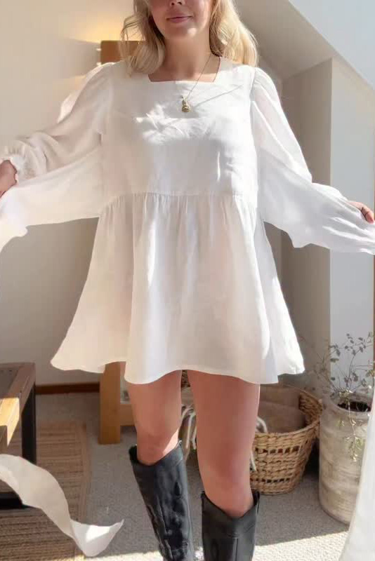 Square Neck Puff Sleeve Tie-Waist Mini Dress