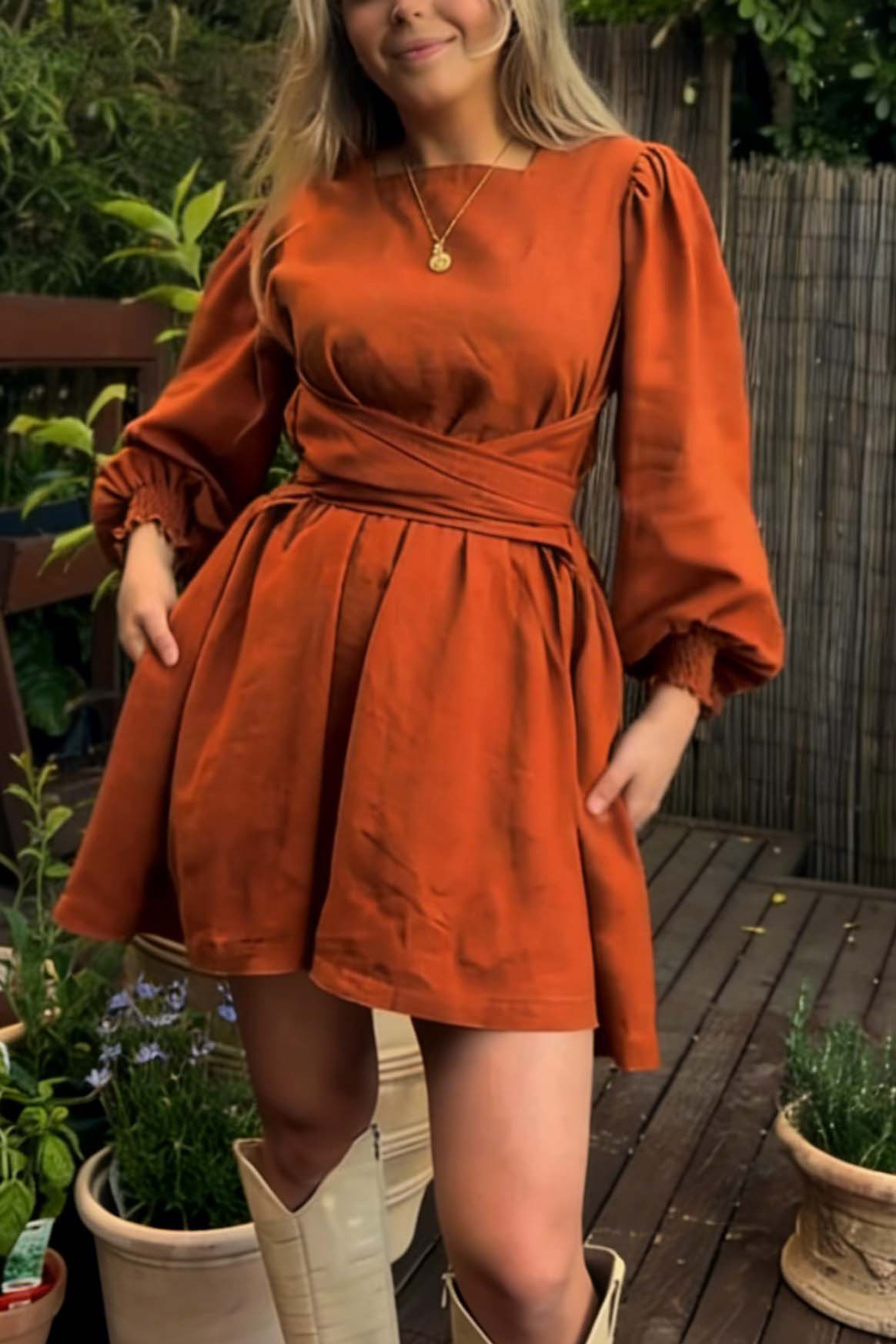 Square Neck Puff Sleeve Tie-Waist Mini Dress
