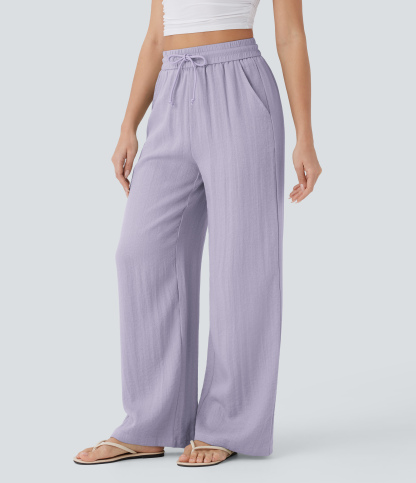 High Waisted Drawstring Pocket Wide Leg Casual Linen-Feel Pants